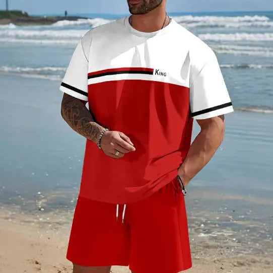 Men's loose-fit summer lounge suit set showing short-sleeved t-shirt and matching shorts in polyester fabric