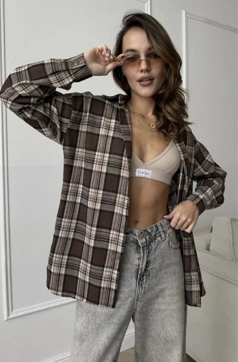 Women's dark brown retro striped long sleeve shirt with cotton fabric