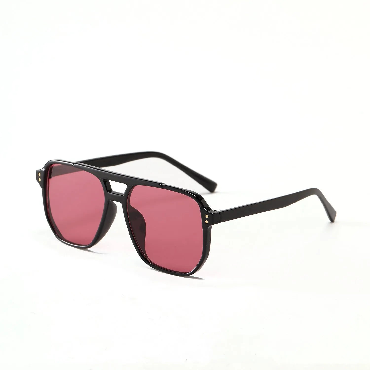 Women's black frame pink lens sunglasses with double square beam design and UV400 protection.