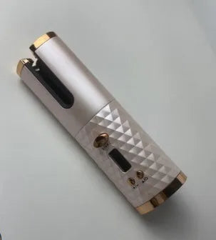 White USB curling iron with gold ceramic barrel and temperature control display