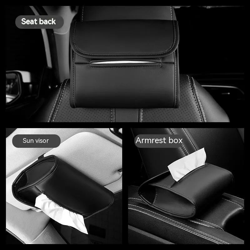 Leather car tissue box mounted on a car sun visor with elastic band strap.