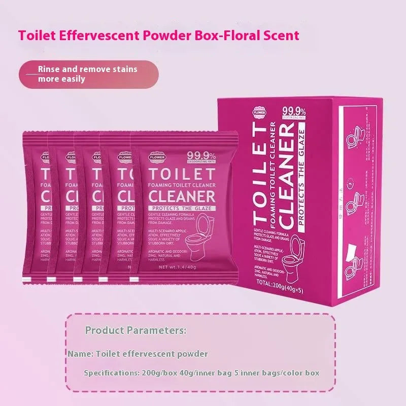 Toilet bubble powder cleaning product in blue ocean or pink floral fragrance, offered in boxed sachets or a large bag.