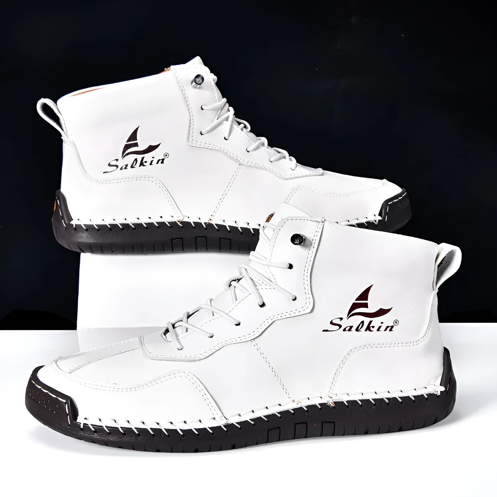 Men's beige retro high-top casual boots with elastic band and round toe on a non-slip rubber sole.