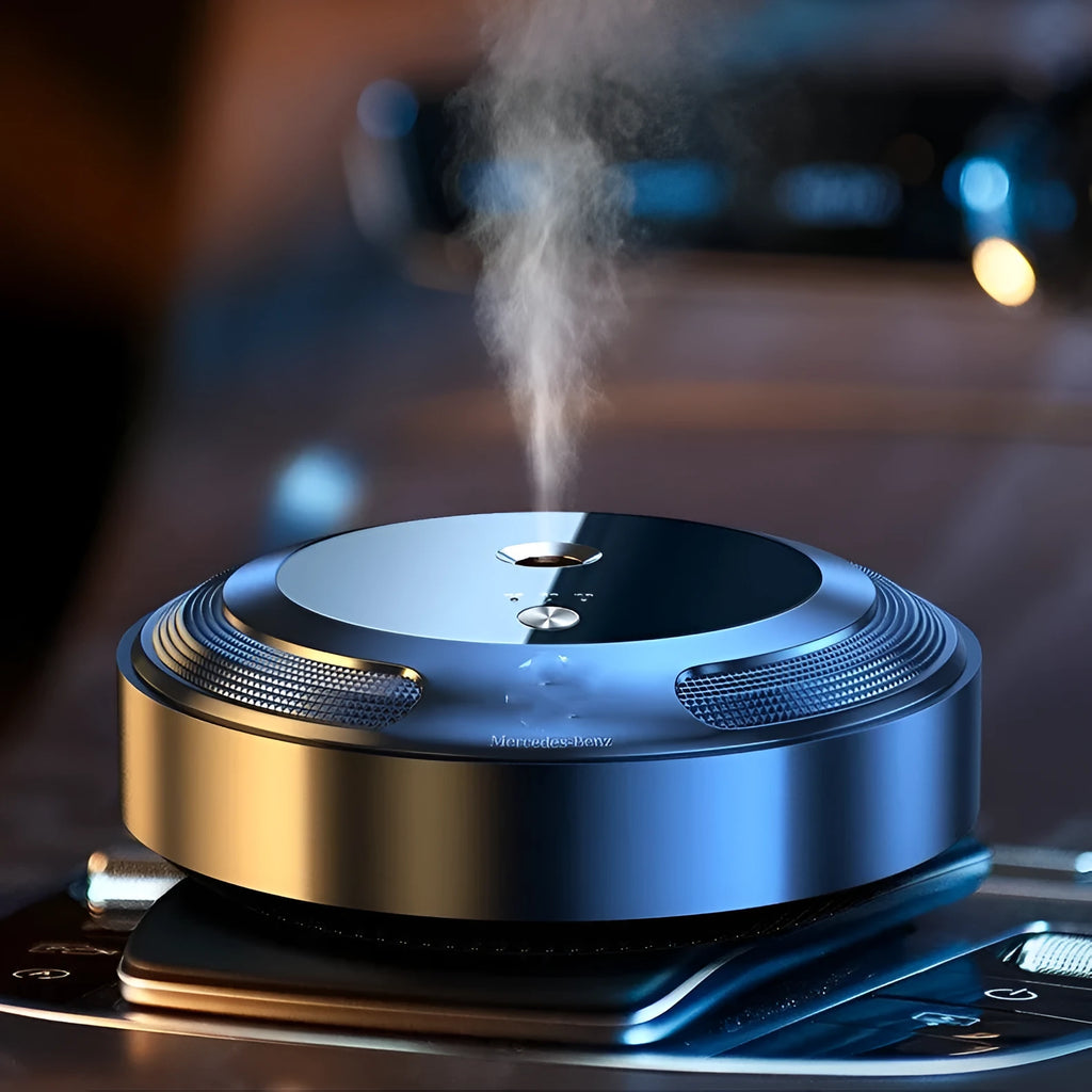 Zinc alloy automatic car perfume dispenser with 89mm metal body and fragrance refill bottles on vehicle dashboard