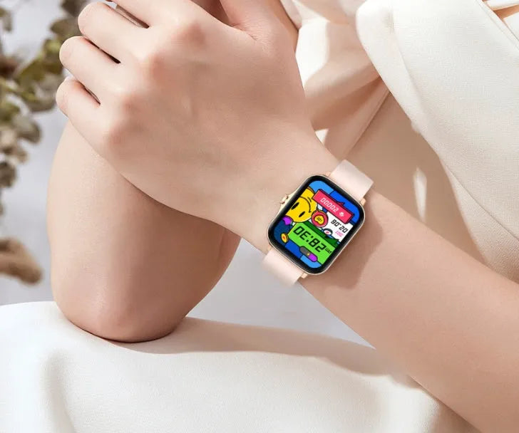 Smart watch with blue strap and 1.7-inch colour touch screen showing fitness stats