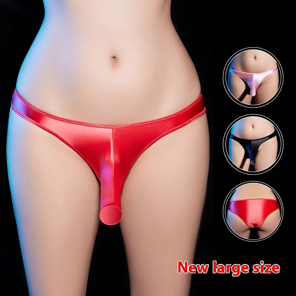 Men's shiny nylon low waist T-back underwear on a colour swatch showing black, grey, pink, red and white.