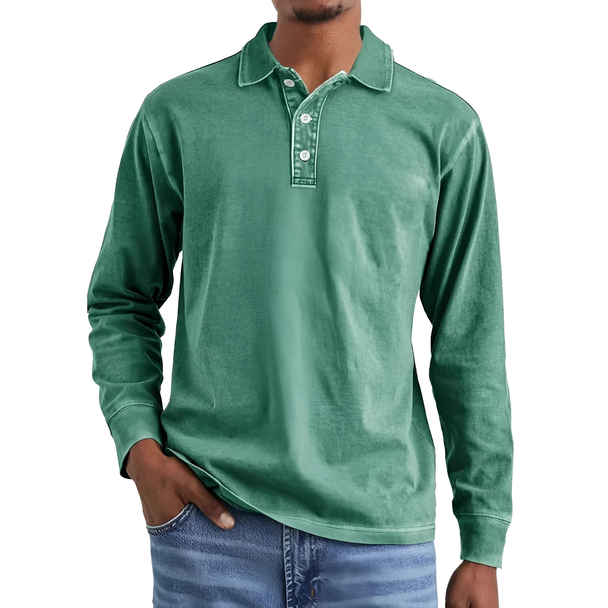 Retro washed distressed pure cotton lapel long sleeve polo shirt shown in Army Green.