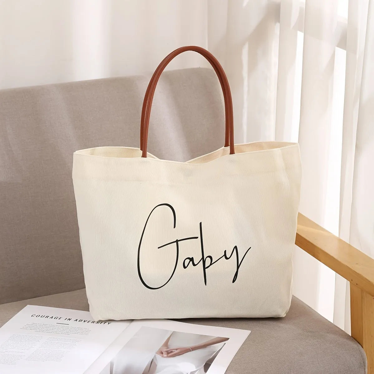 Canvas tote bag in cotton fabric with reinforced stitching, shown in beige white and white colour options