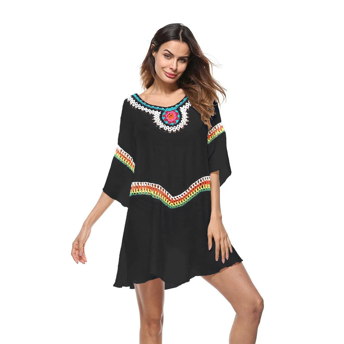 Crocheted acrylic beach cover-up in ethnic style for swimming and sun protection
