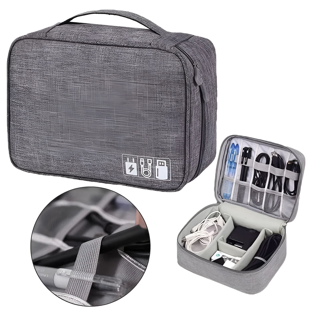 Black or grey waterproof travel cable organiser bag open to show mesh pockets and removable padded dividers