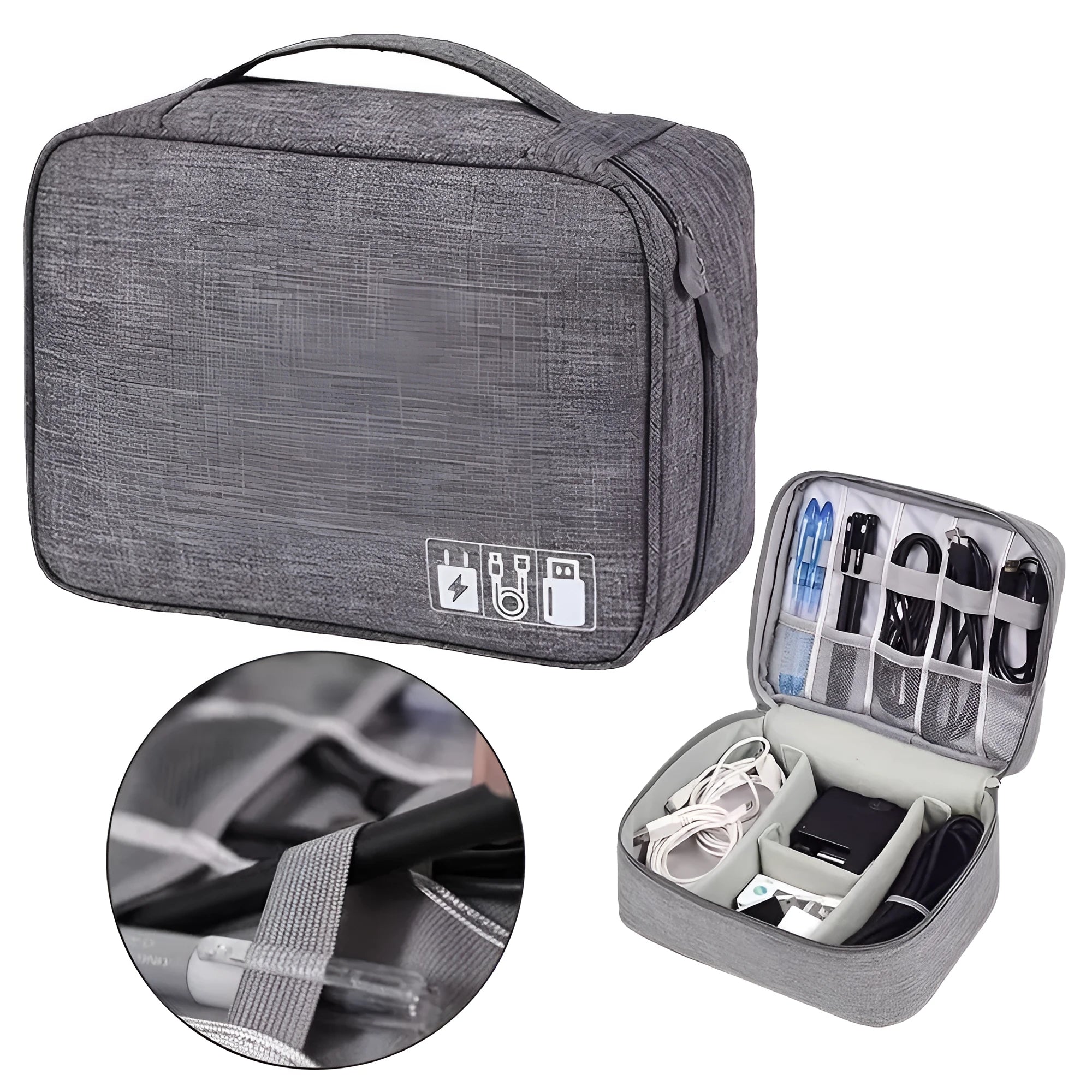Black or grey waterproof travel cable organiser bag open to show mesh pockets and removable padded dividers