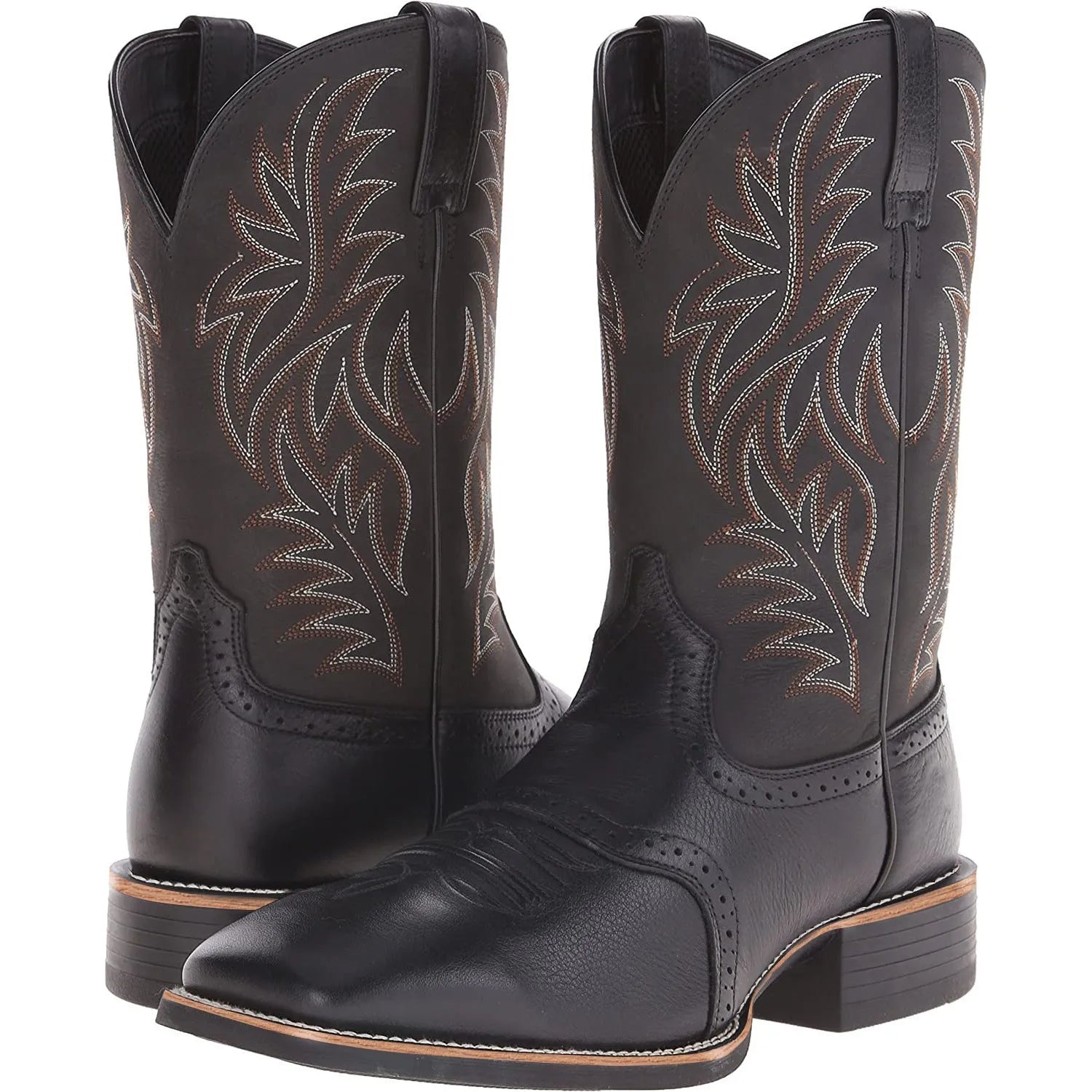 Men's black Western cowboy boots with high embroidery vintage pattern, square toe wide head design, and high cylinder construction