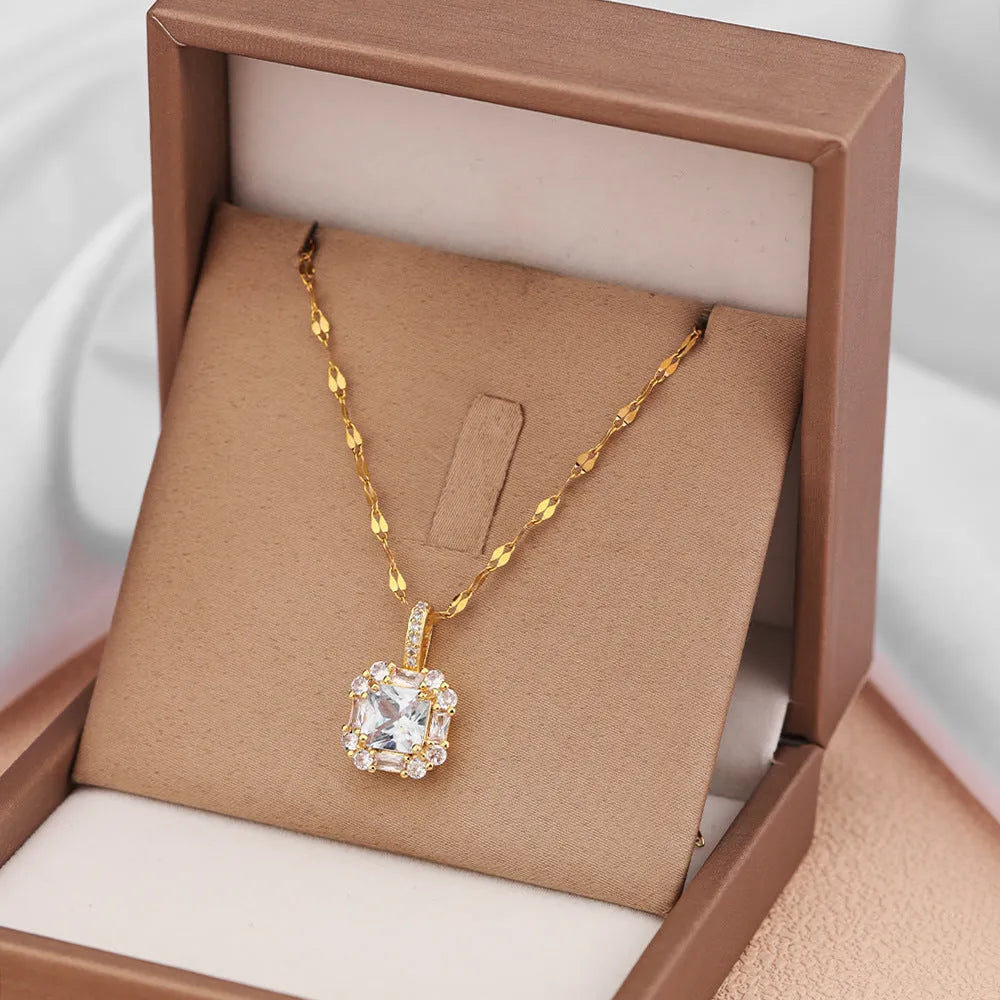 Women's gold-plated titanium steel clavicle chain necklace with geometric design and mixed gem inlaid zircon pendants