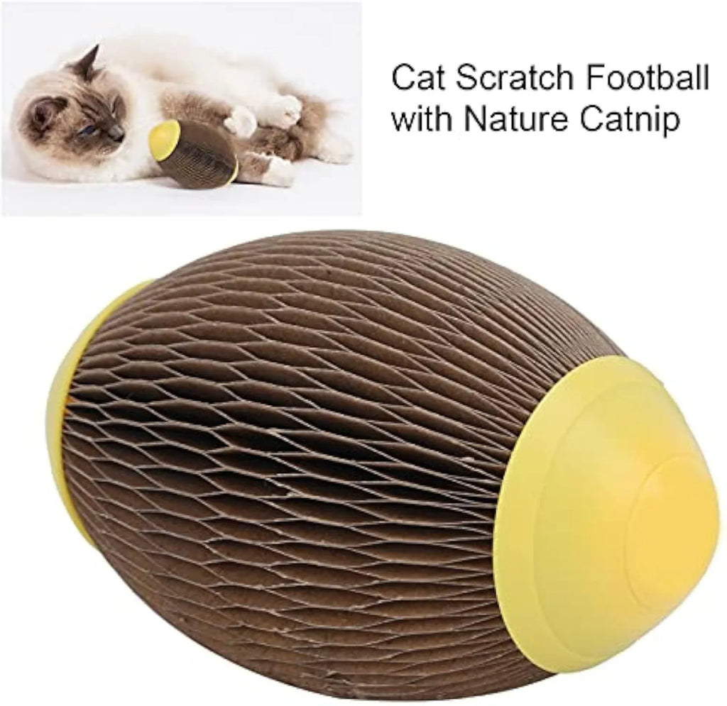 Ellipse-shaped catnip ball toy made of recycled corrugated paper, showing scratch surface and size.