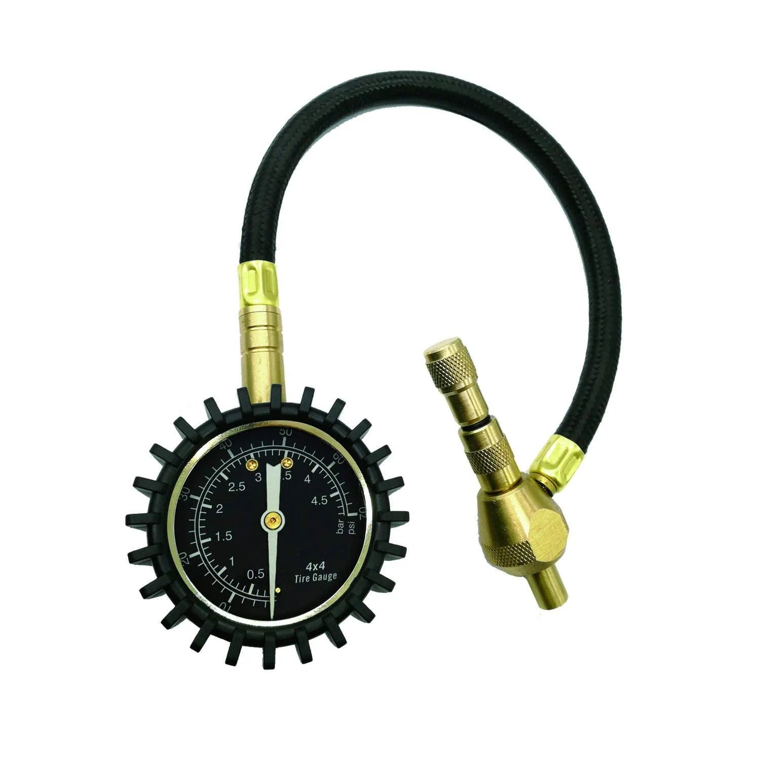 Red mechanical tyre pressure gauge with metal body and rubber shell, showing 0-5 BAR scale and deflation valve.