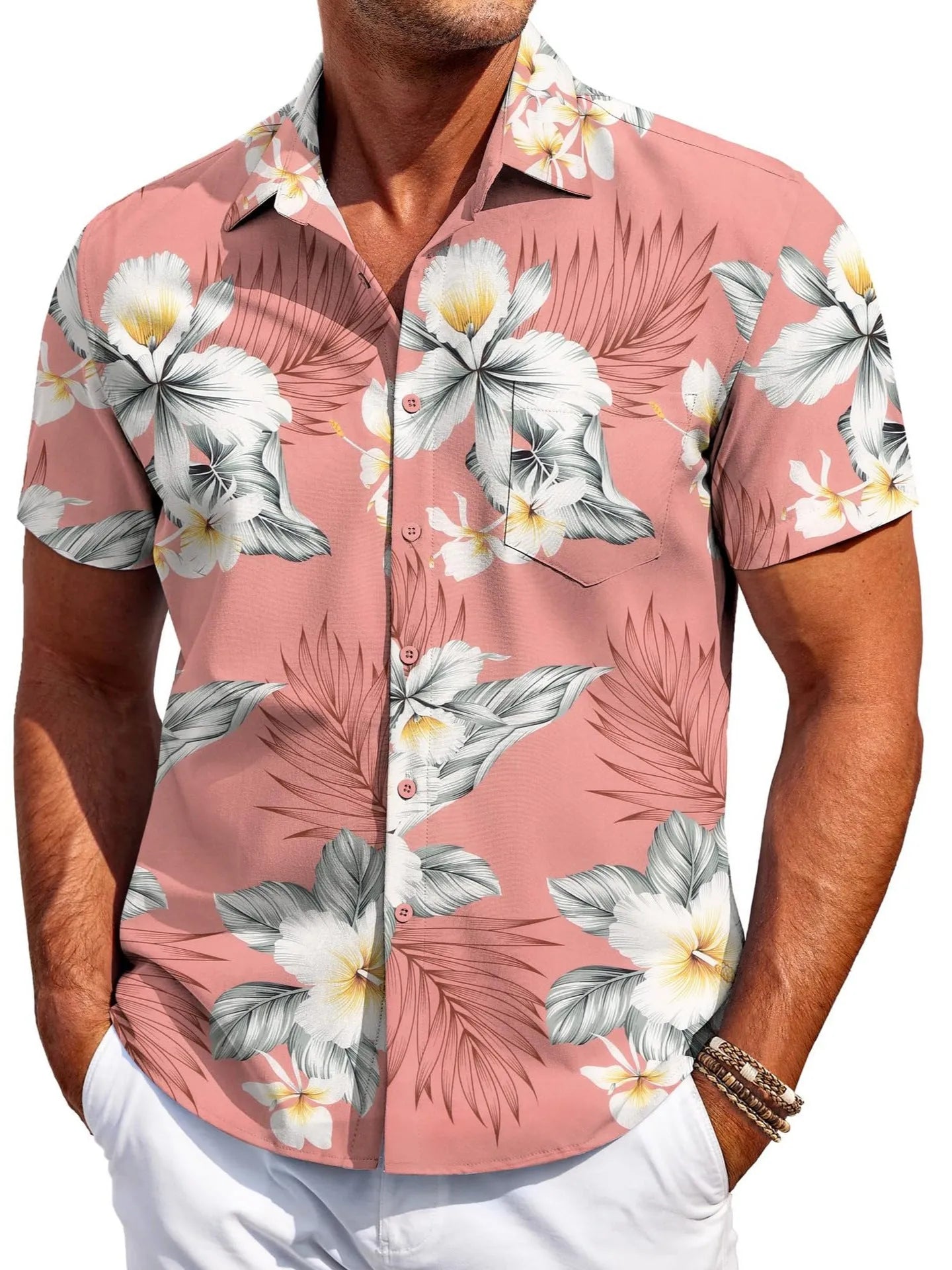 Men's slim fit short sleeve shirt cardigan in elastic polyester fabric on a hanger.