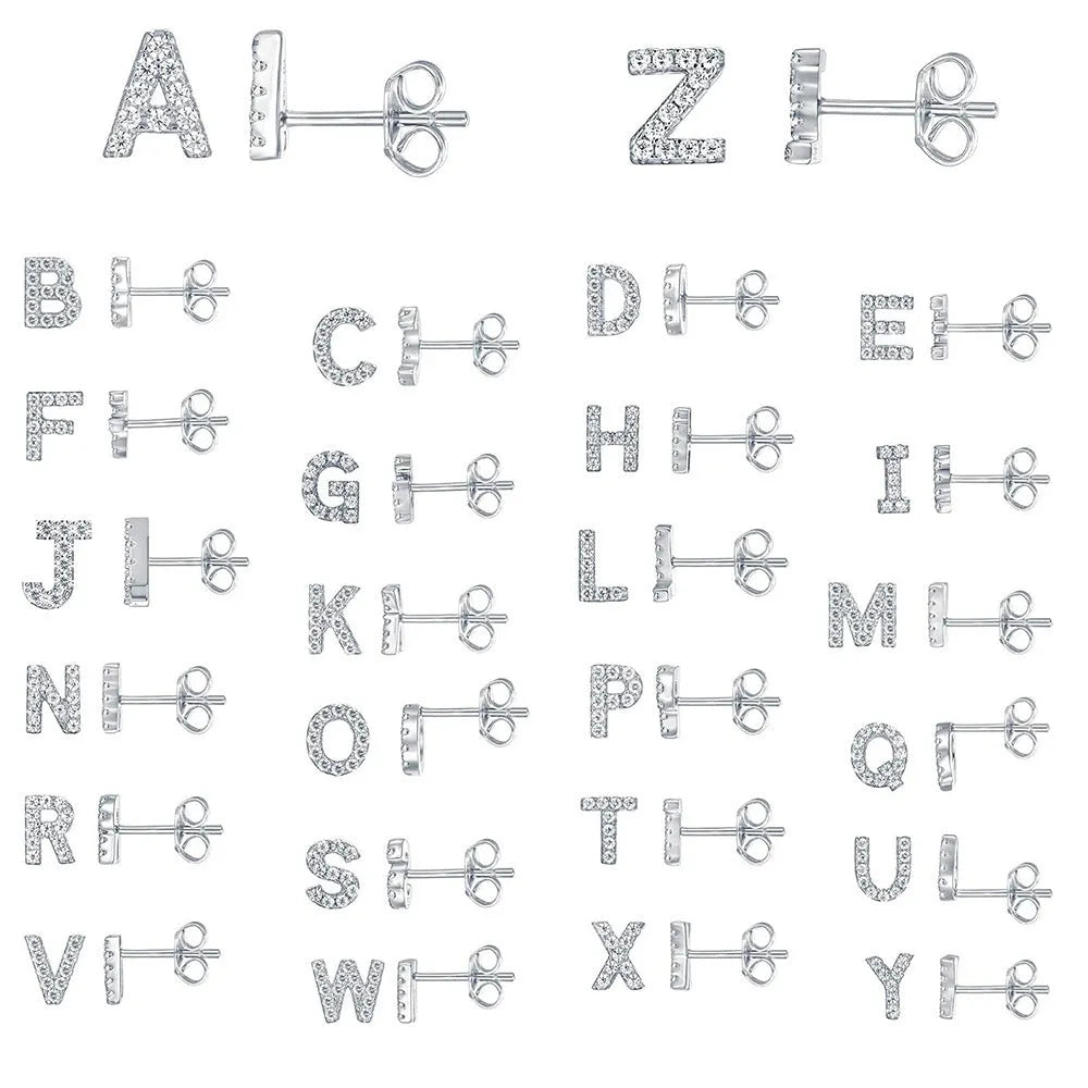 Brass gold plated alphabet letter earrings showing zircon stones on copper base with 26 English letters available