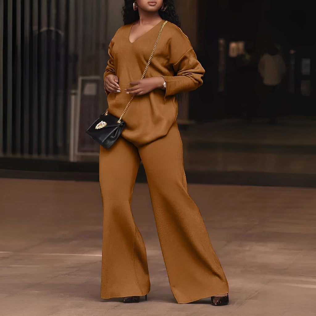 Women's brown thickened suede two-piece suit with long sleeves and trousers, Japanese-Korean casual style