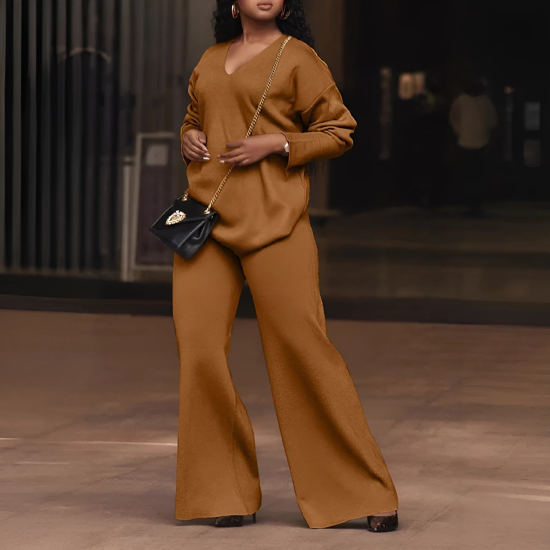 Women's brown thickened suede two-piece suit with long sleeves and trousers, Japanese-Korean casual style