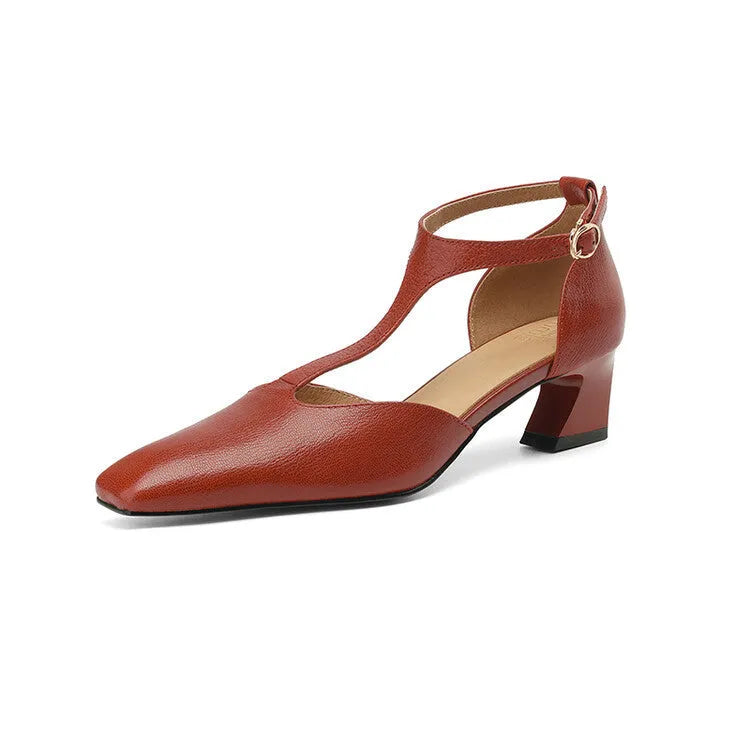Women's wine red French retro square toe chunky heel shoes with ankle buckle fastening