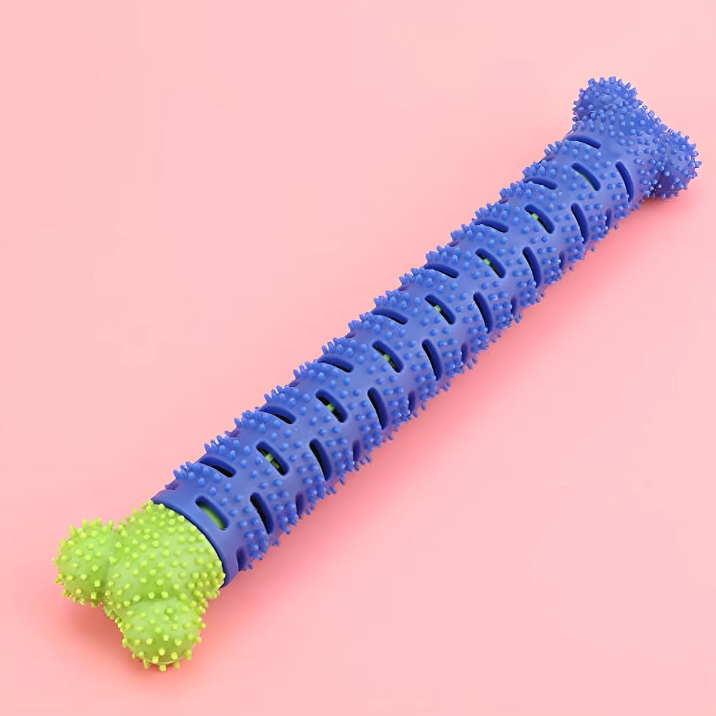 Blue green dog molar tooth cleaner with silicone brush head and massage nodules, 25cm long