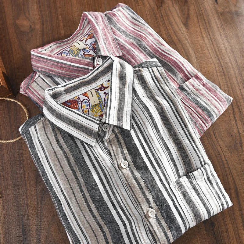 Men's striped linen shirt in red or grey with long sleeves and loose fit for spring summer wear