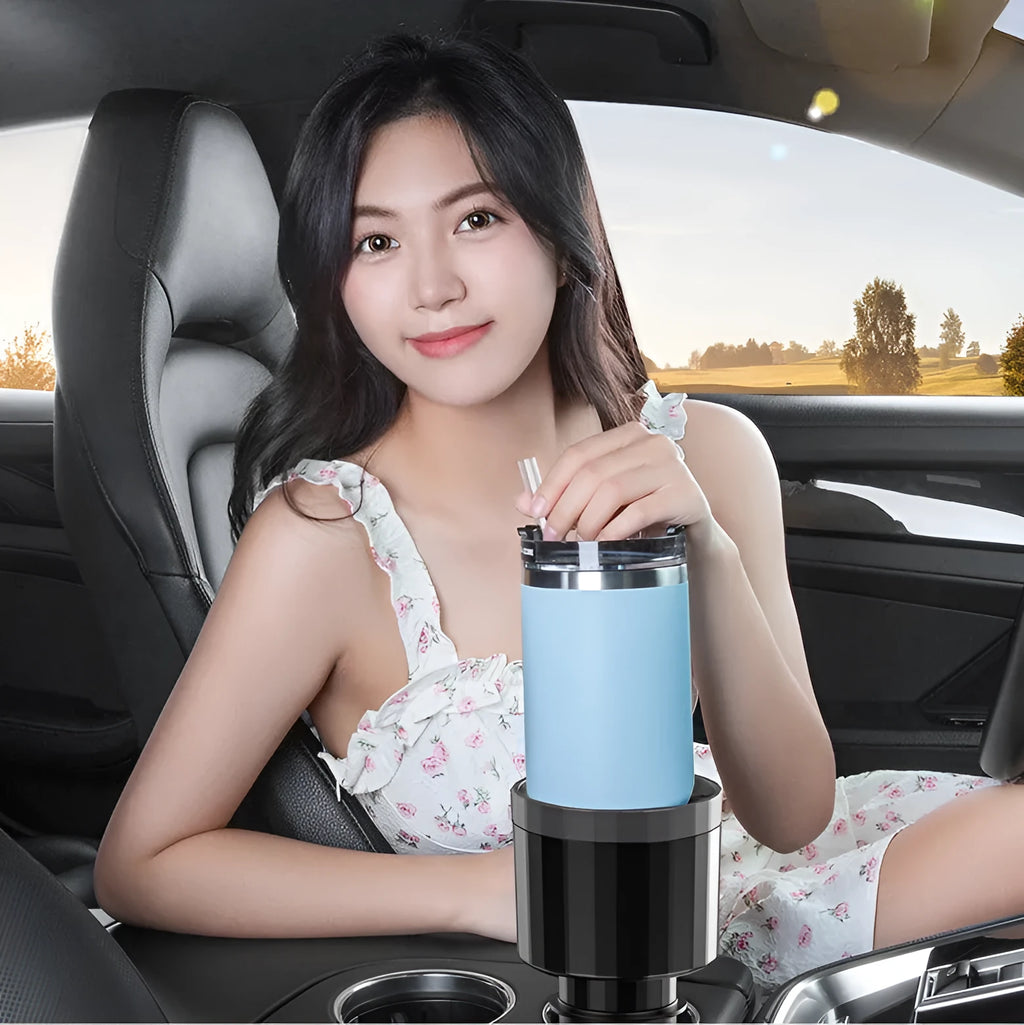 Matte black adjustable car cup holder expander for extra large bottles and cups.
