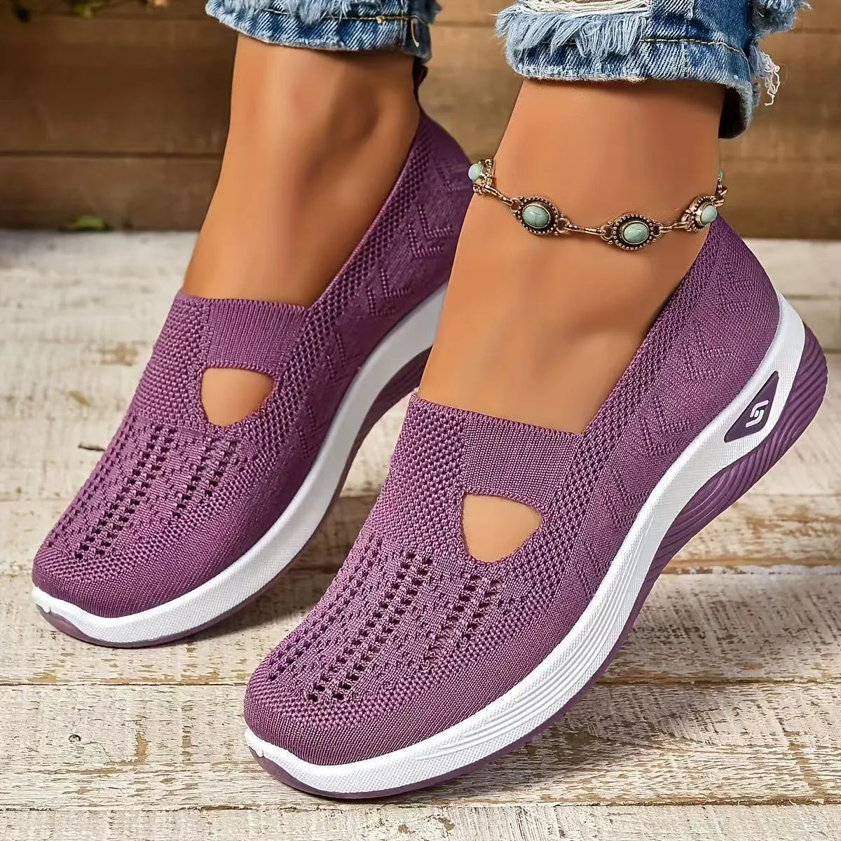 Casual low-top mesh shoes with a soft PVC sole and a T-shaped shoulder strap, shown in various colours.