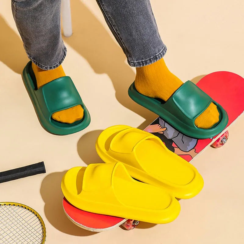 Thick sole EVA foam flip flop slippers for men and women in various colours.