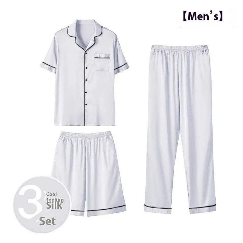 Men's ice silk three-piece homewear set showing long trousers, shorts, and top in thin lightweight fabric