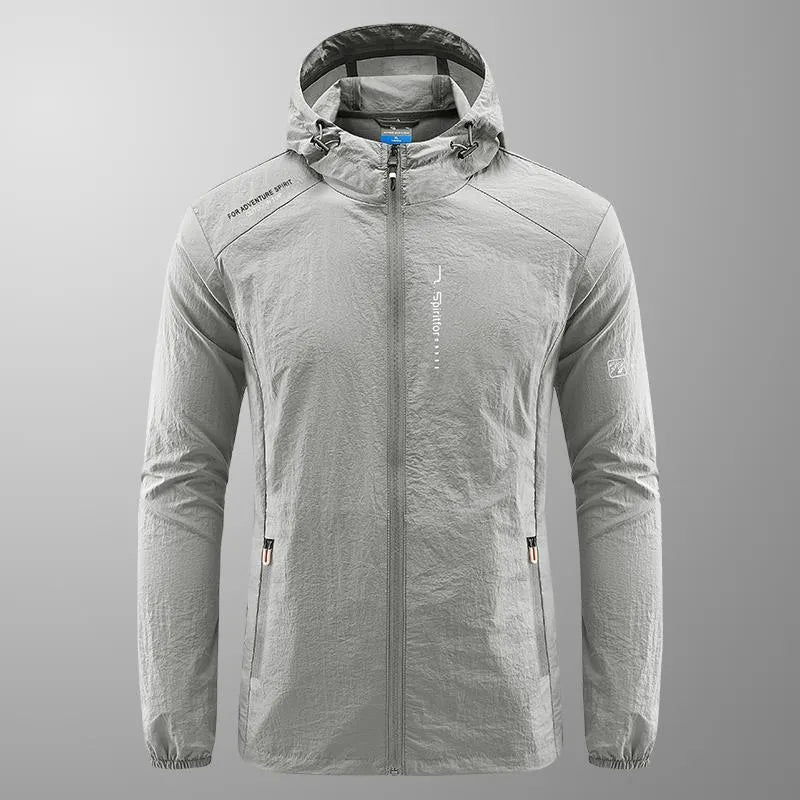 Light grey loose-fit men's nylon hooded jacket for summer outdoor wear