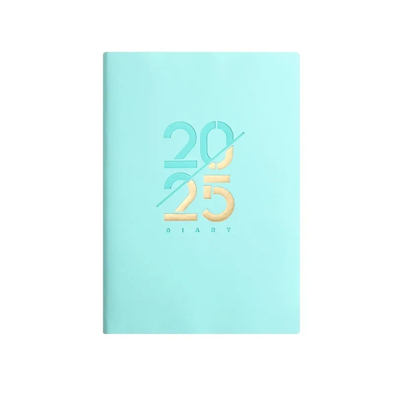 Soft faux leather A5 daily planner book open on a desk, showing Dorian paper pages and available colour variants.