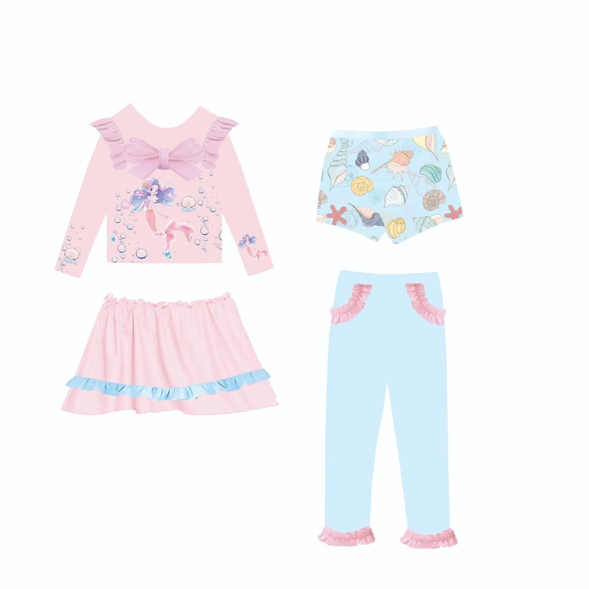 Girl's gilded mermaid swimsuit set showing top, skirt, trousers, and shorts in a blue colour.