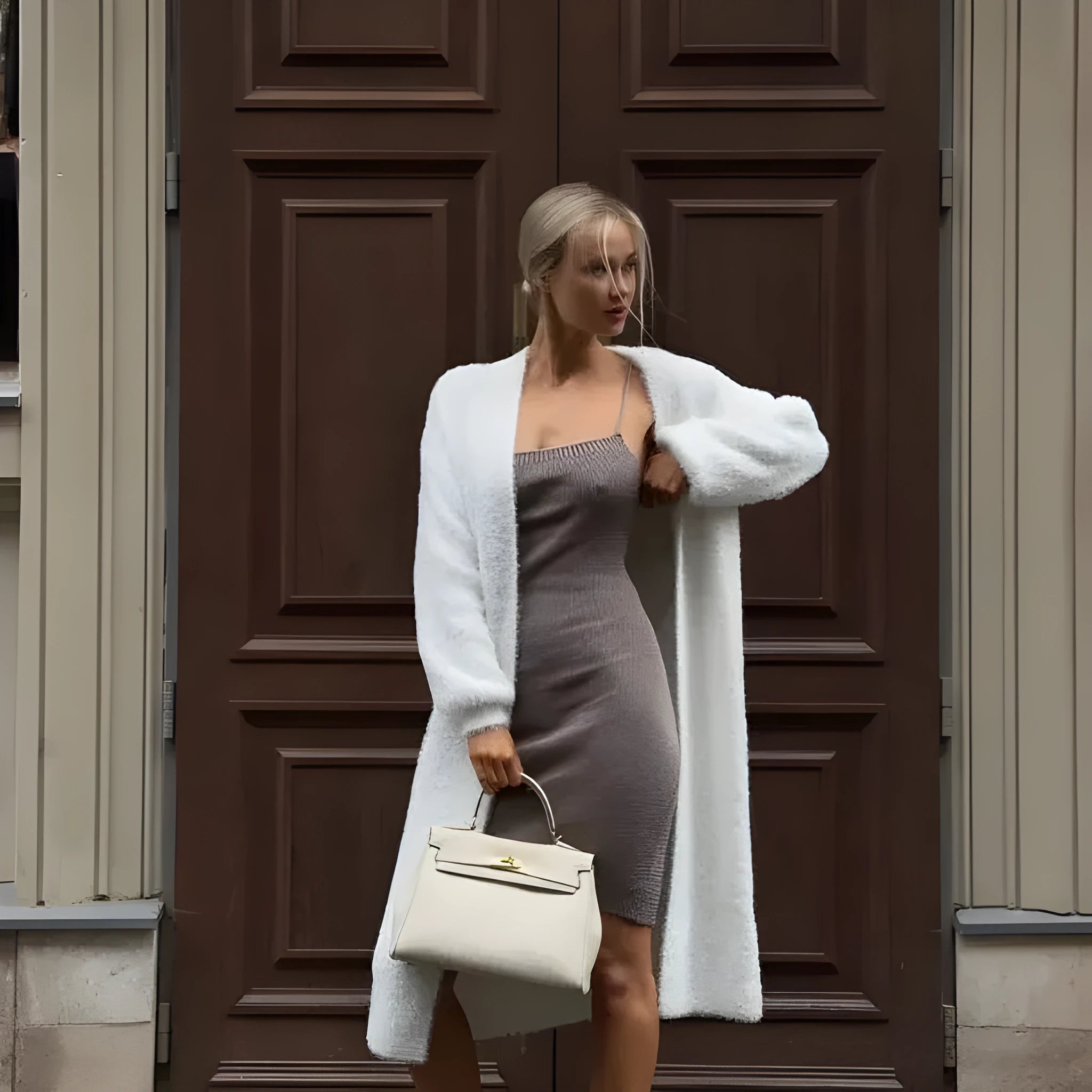White women's cardigan sweater jacket with long sleeves and knitted texture