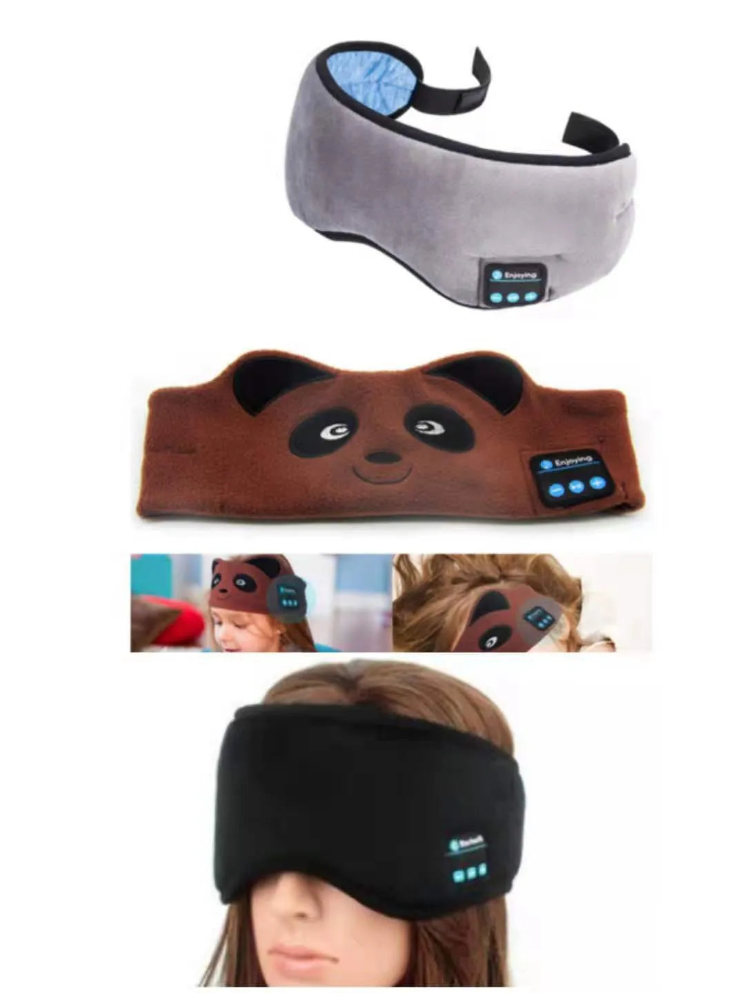 Black Bluetooth sleep eye mask with integrated small earphones showing head-mounted design