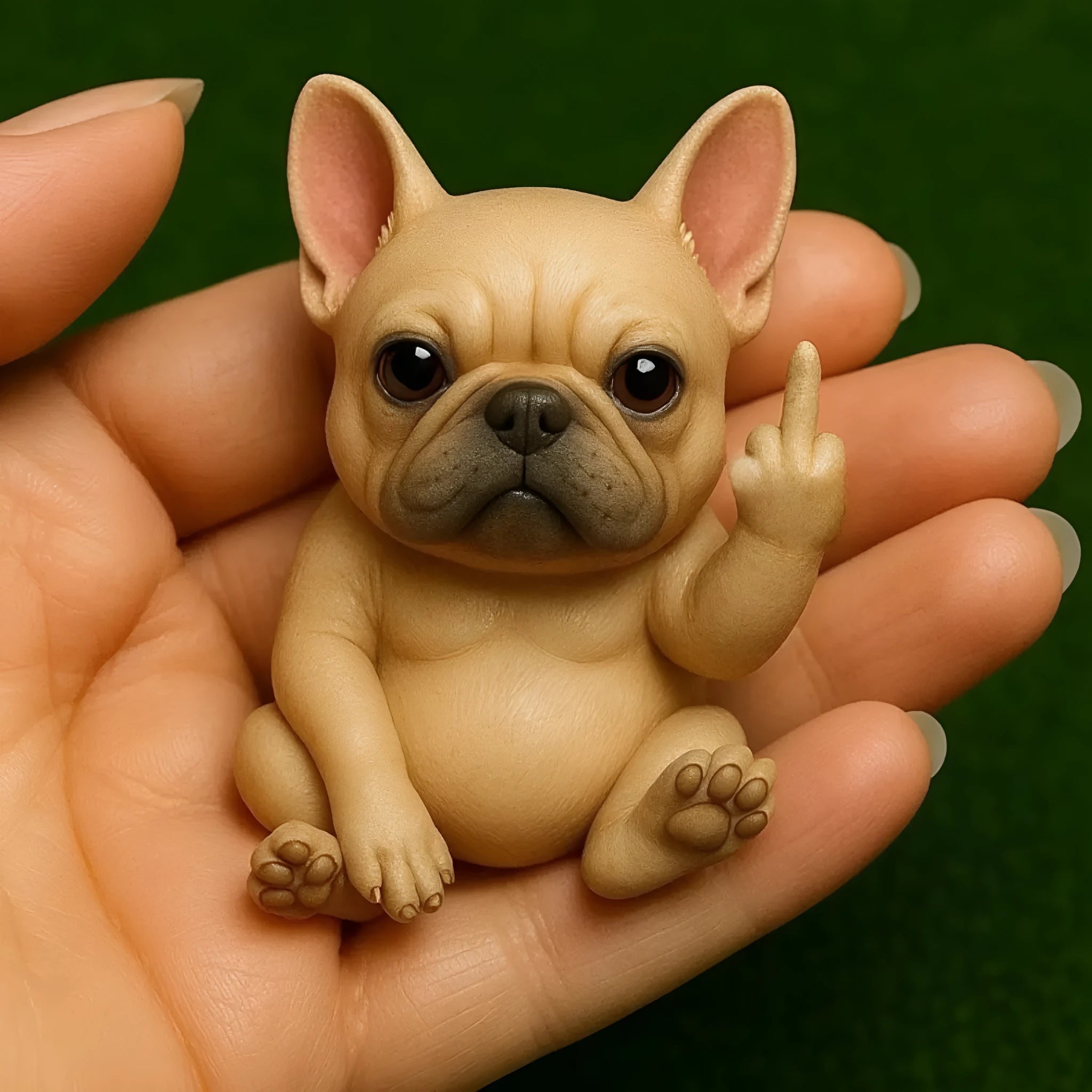 Mini resin animal doll holding up a middle finger, available in cat, dog, elephant, frog, cow, mouse, and turtle styles.