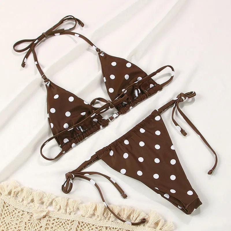 Women's polka dot print bikini in brown dot, watermelon gradient, and orange dot patterns
