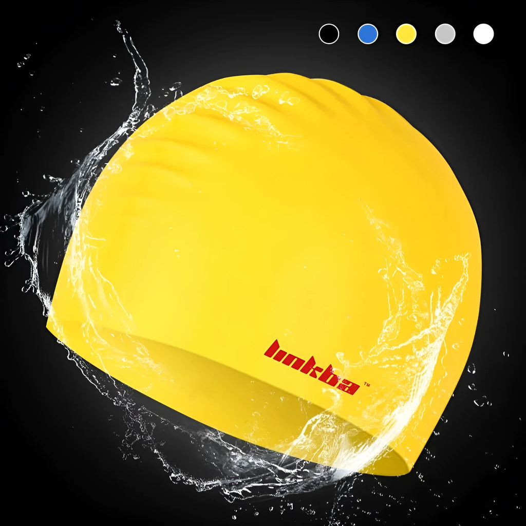 Silicone swimming cap with earmuff design and printed letters in multiple colour options