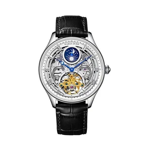 Business waterproof watch with hollow design steel case and matching steel strap, Duke Rosa colour scheme