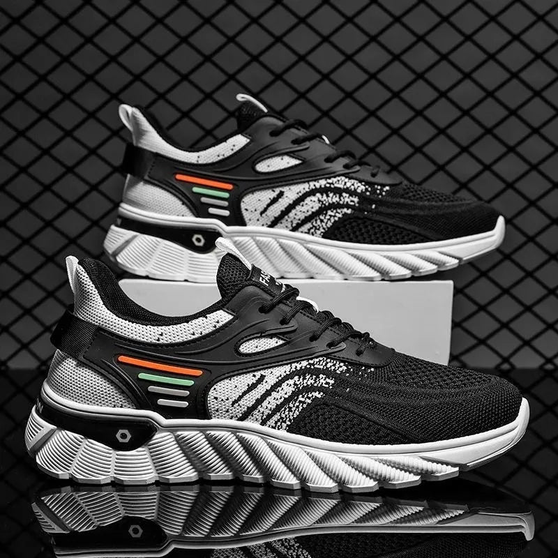 Men's white blue and black platform casual sports shoes with cross straps and mesh upper.
