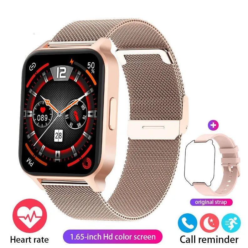 Smart colour screen health watch with mesh belt in black or rose gold showing heart rate monitor