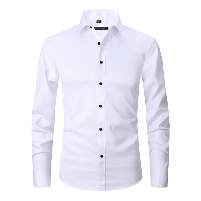 Men's long sleeve stretch work shirt in polyester fabric on a hanger.