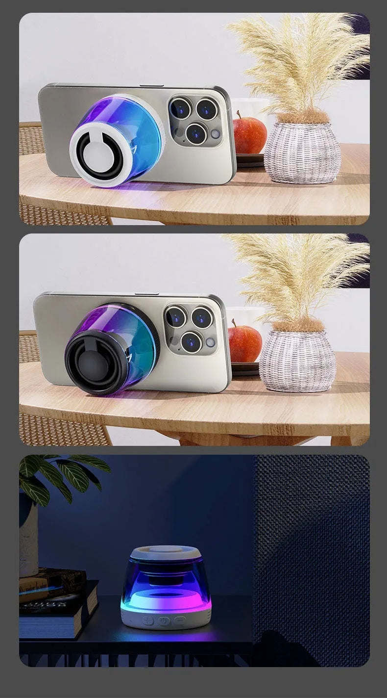 Small black or white portable Bluetooth speaker with a magnetic base and built-in lighting.