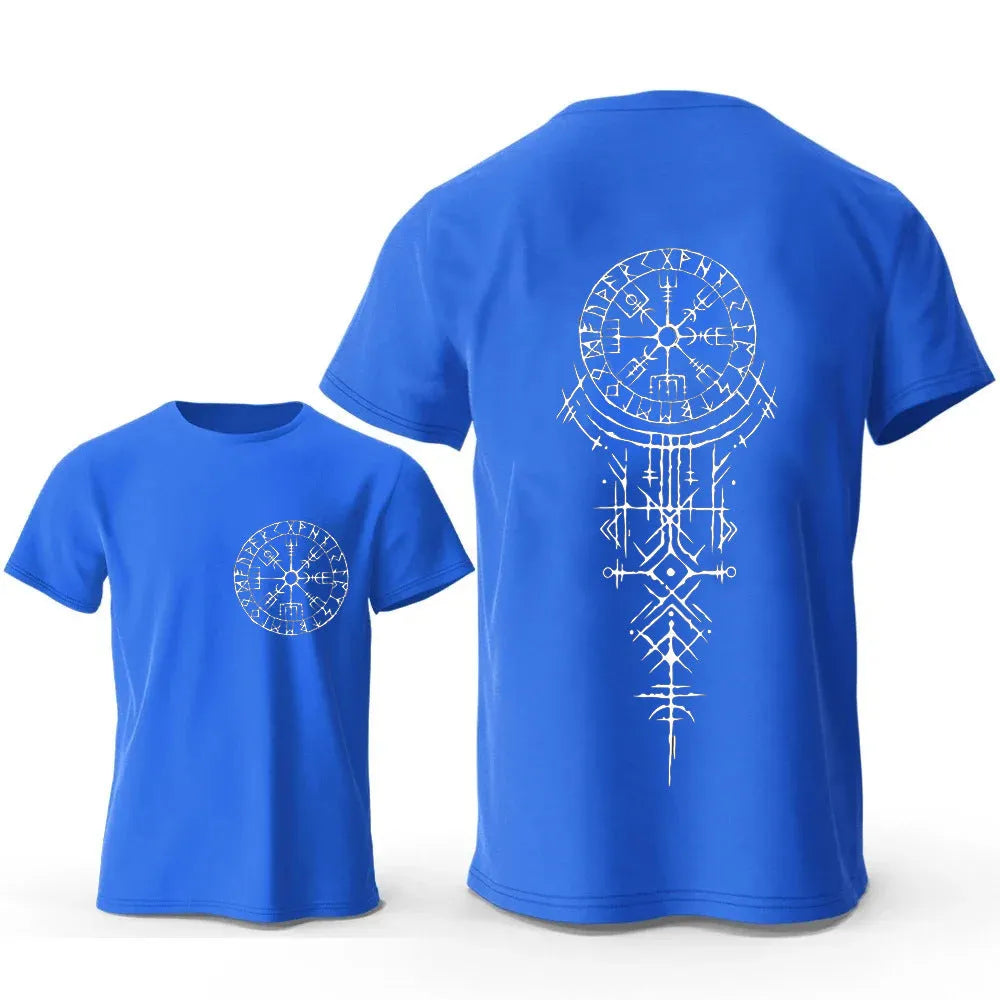 Men's grey T-shirt with a detailed Viking compass and smiling face graphic print on the chest.
