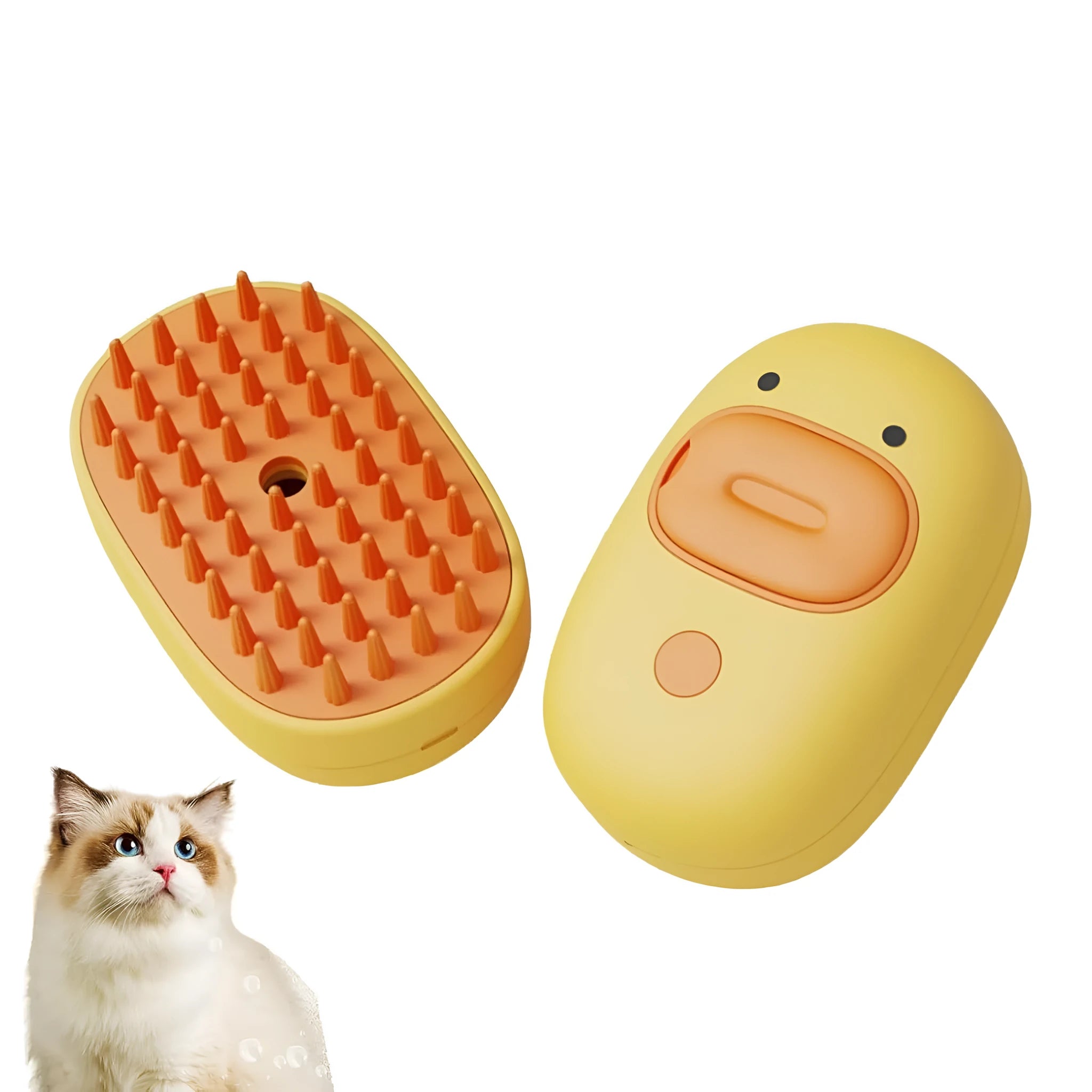 White and yellow pet steam brush with silicone teeth and water tank for dog and cat grooming