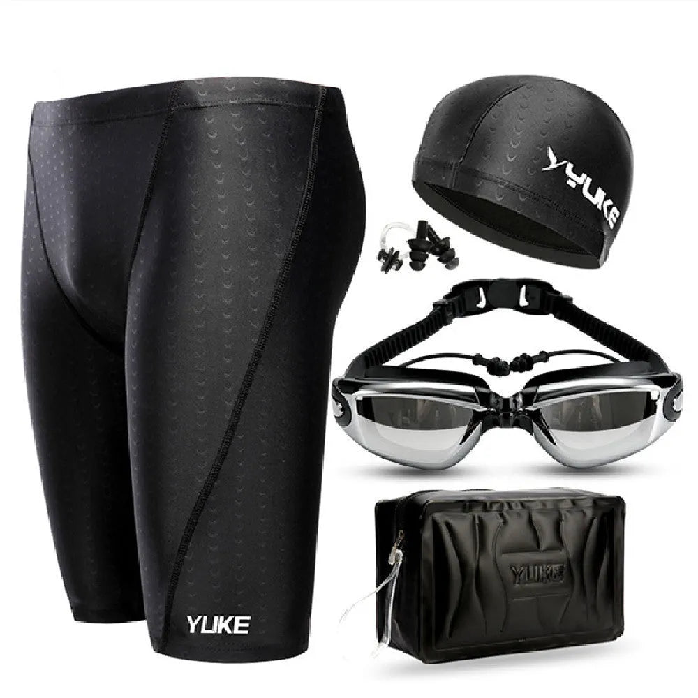 Men's black polyester swimming trunks set with goggles cap and bag