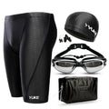 Men's black polyester swimming trunks set with goggles cap and bag