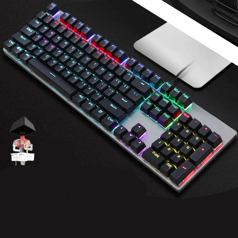 AOC GK410 mechanical keyboard with 104 keys, USB cable, and metal construction showing keyboard from top angle