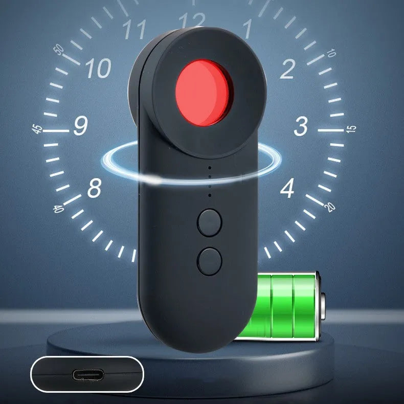 Black handheld GPS and camera detector with display, measuring 93.8mm long, shown with a USB charging cable.