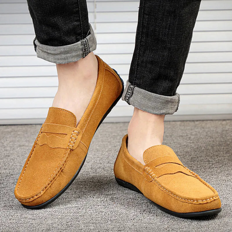 Men's solid colour suede loafers slip-on casual shoes with round toe and flat heel